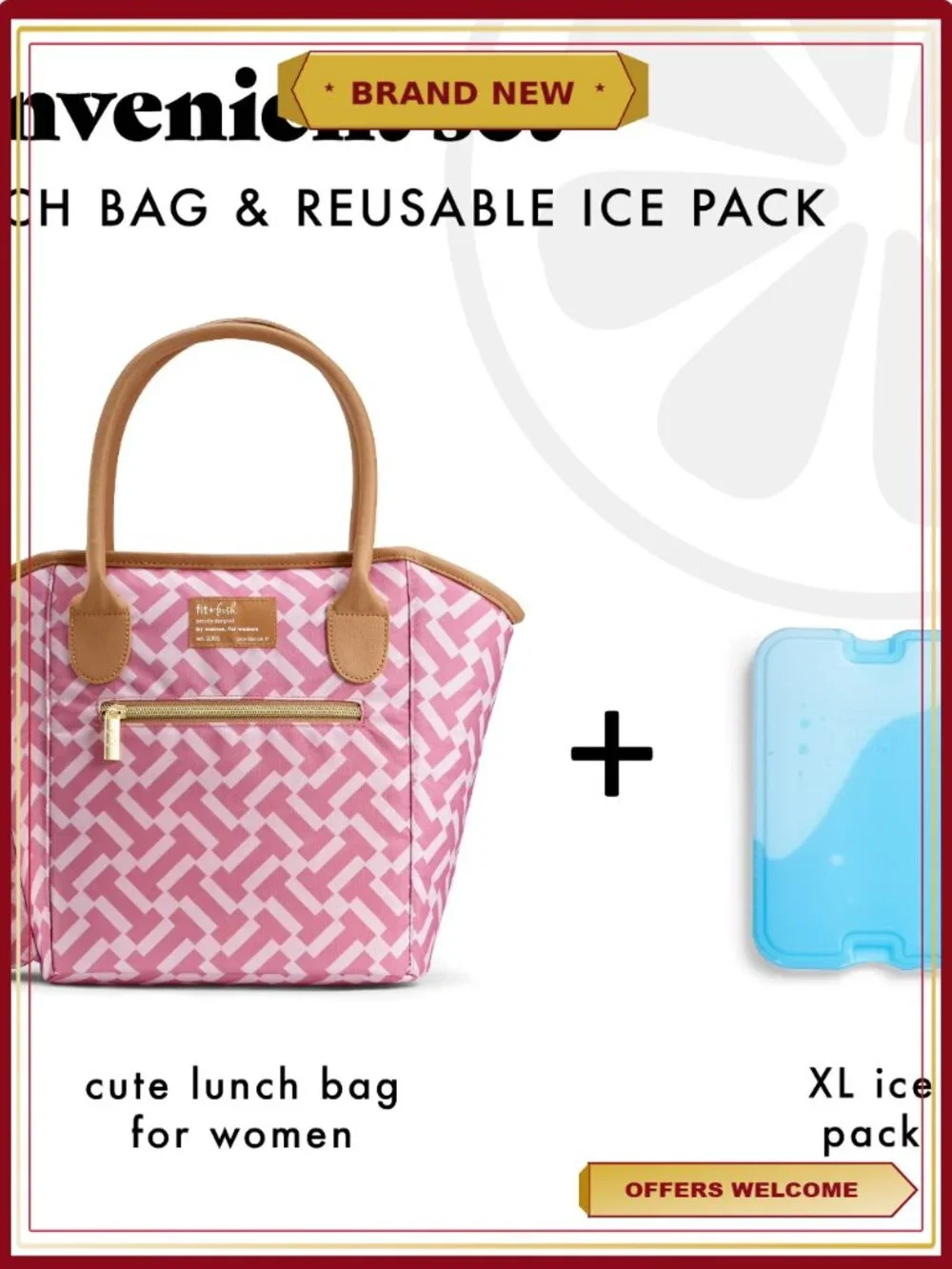 Insulated Lunch Tote with XL Slim Ice Pack, Shoulder Straps, Front Pocket